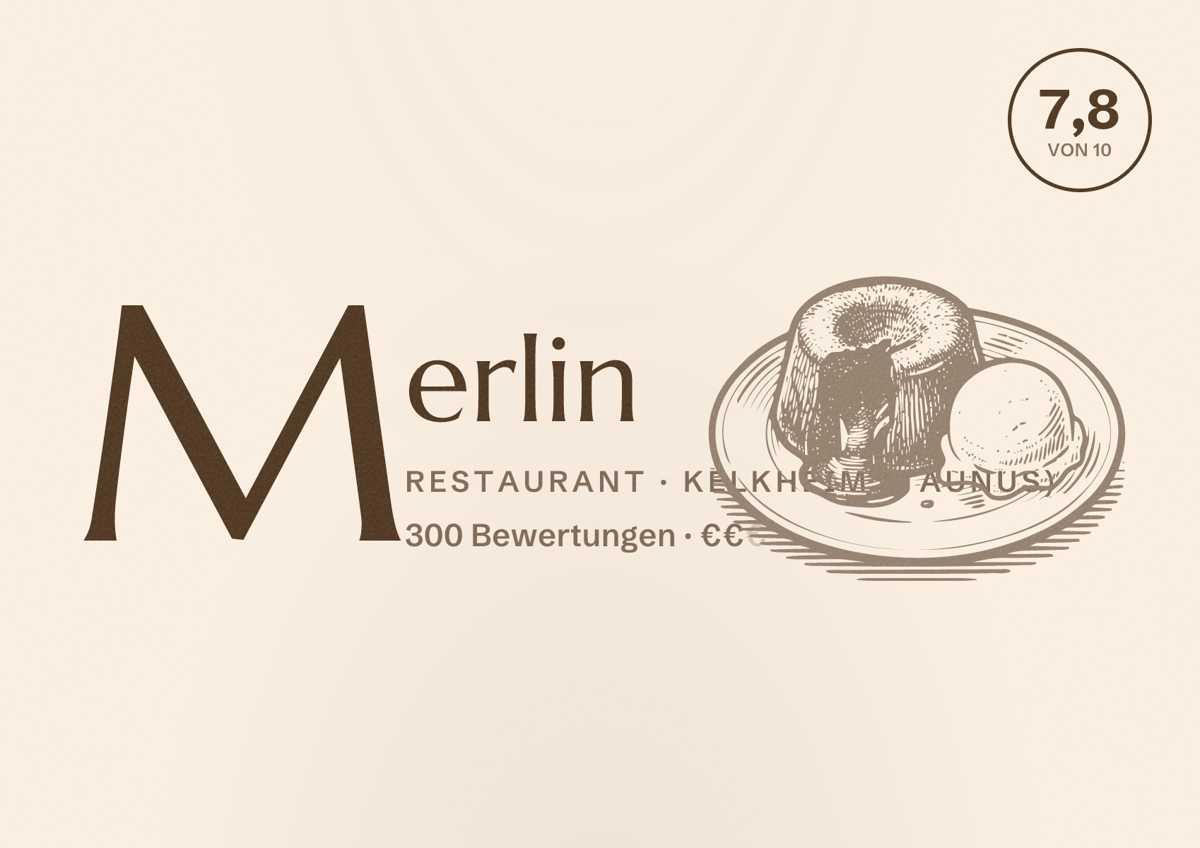 Illustriertes Poster von Merlin, Restaurant in Kelkheim (Taunus): Bewertung 7,8 von 10 aus 300 Bewertungen, Preisniveau €€