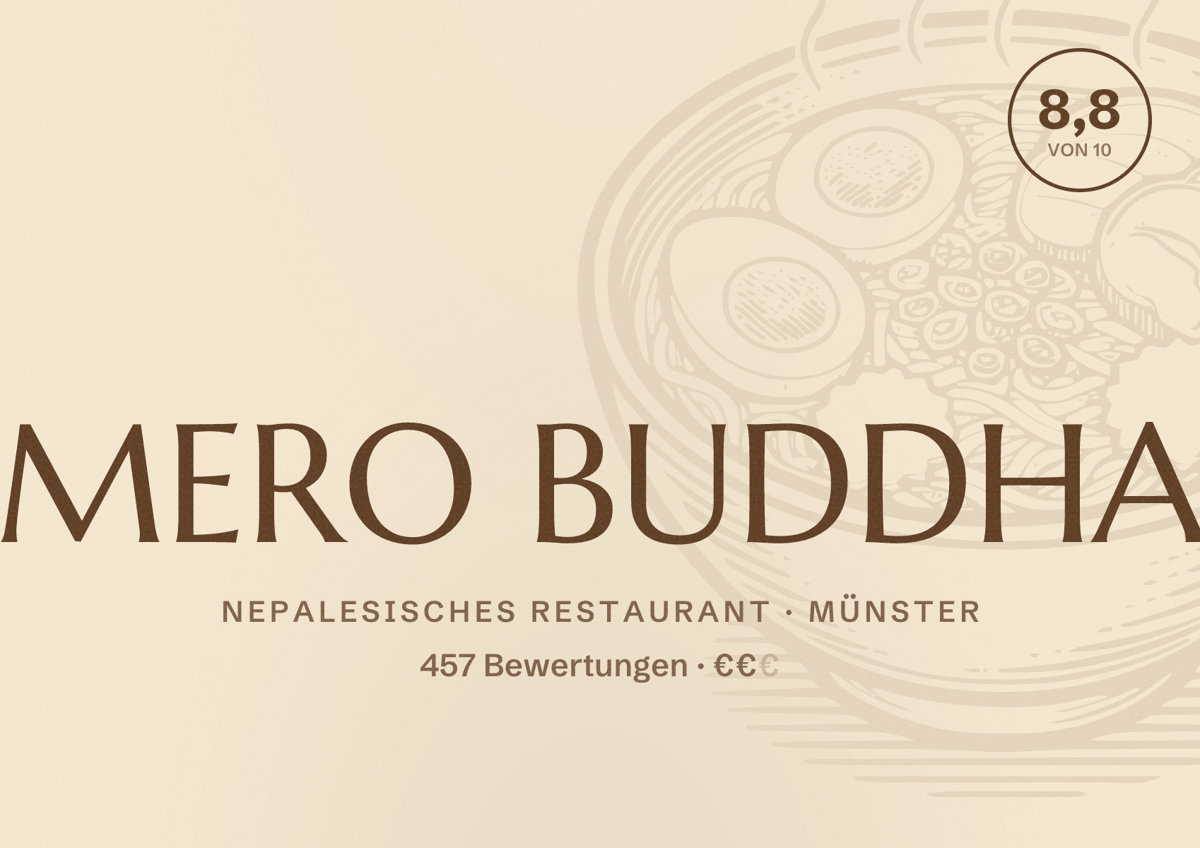 Illustriertes Poster von MERO BUDDHA, Nepalesisches Restaurant in Münster: Bewertung 8,8 von 10 aus 457 Bewertungen, Preisniveau €€