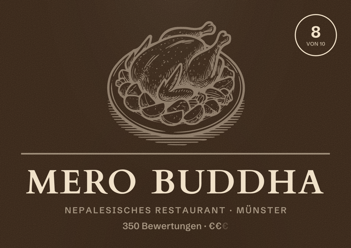 Illustriertes Poster von MERO BUDDHA, Nepalesisches Restaurant in Münster: Bewertung 8 von 10 aus 350 Bewertungen, Preisniveau €€