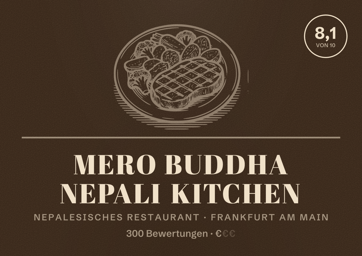 Illustriertes Poster von Mero Buddha Nepali Kitchen, Nepalesisches Restaurant in Frankfurt am Main: Bewertung 8,1 von 10 aus 300 Bewertungen, Preisniveau €