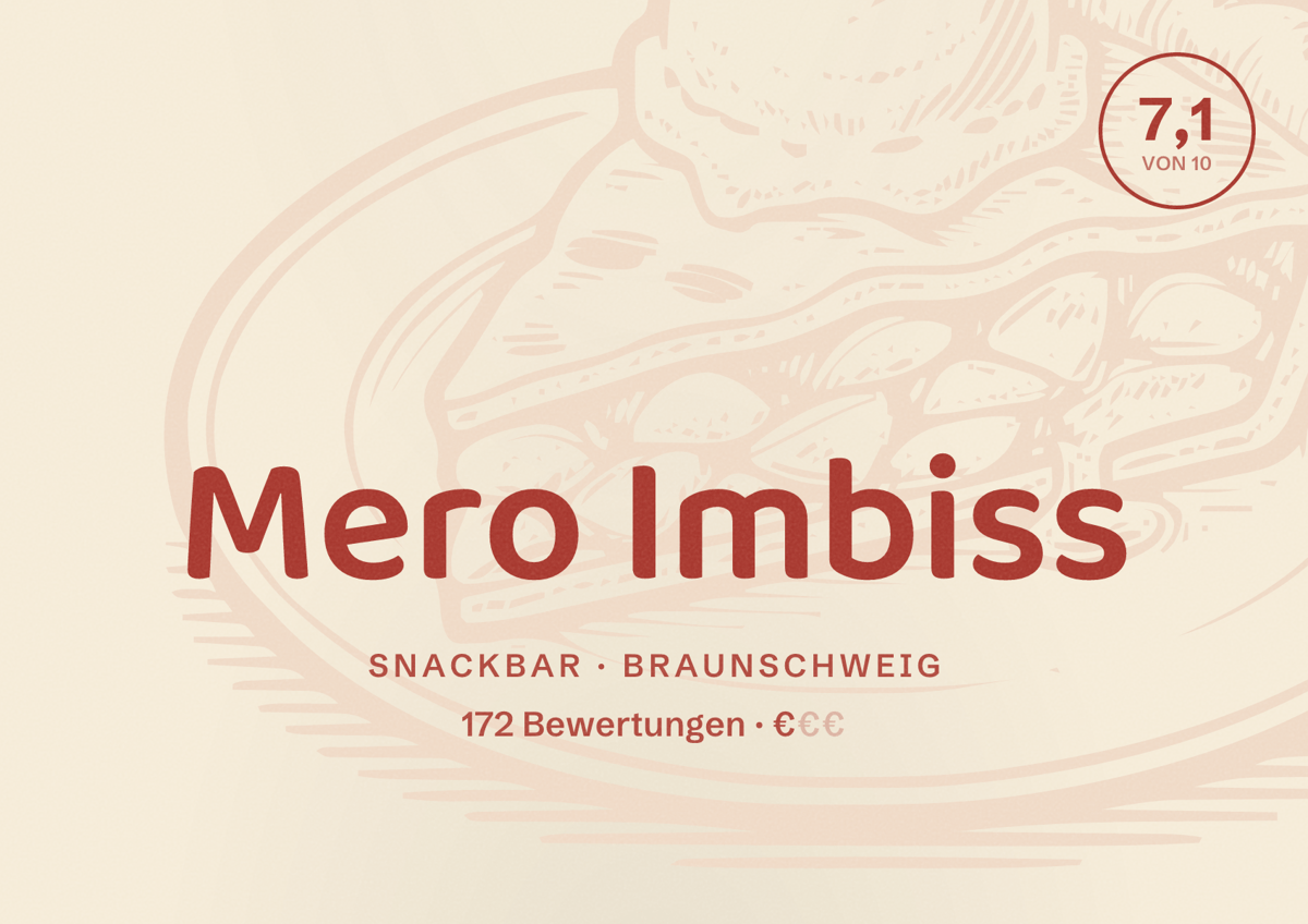 Illustriertes Poster von Mero Imbiss, Snackbar in Braunschweig: Bewertung 7,1 von 10 aus 172 Bewertungen, Preisniveau €