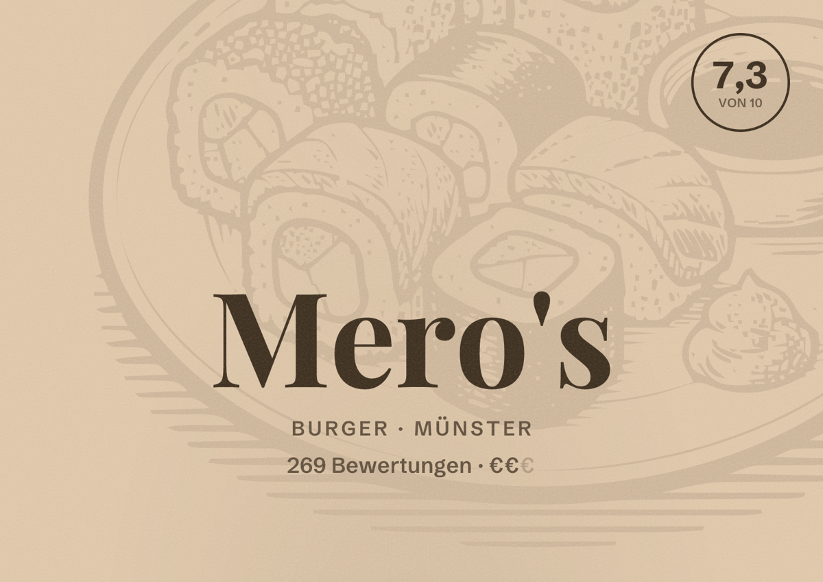 Illustriertes Poster von Mero's, Burger in Münster: Bewertung 7,3 von 10 aus 269 Bewertungen, Preisniveau €€