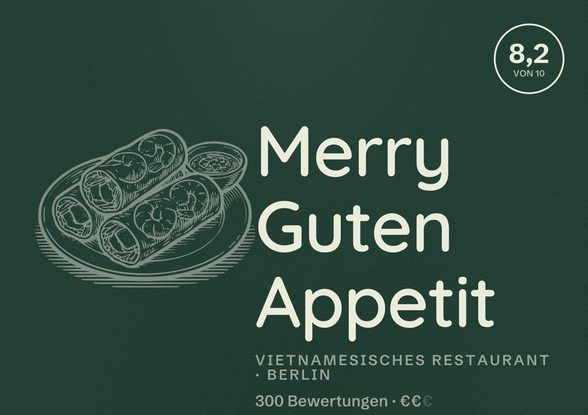 Illustriertes Poster von Merry Guten Appetit, Vietnamesisches Restaurant in Berlin: Bewertung 8,2 von 10 aus 300 Bewertungen, Preisniveau €€