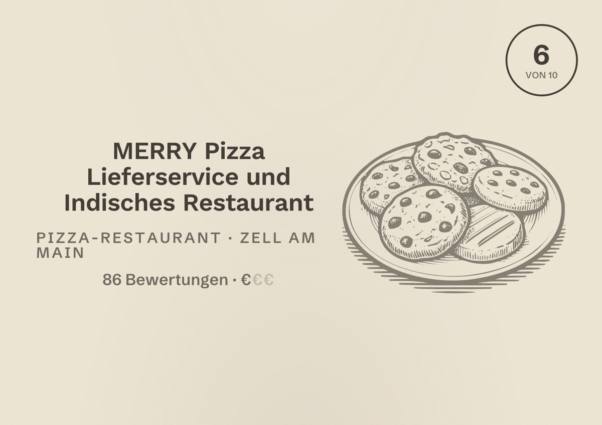 Illustriertes Poster von MERRY Pizza Lieferservice und Indisches Restaurant, Pizza-Restaurant in Zell am Main: Bewertung 6 von 10 aus 86 Bewertungen, Preisniveau €