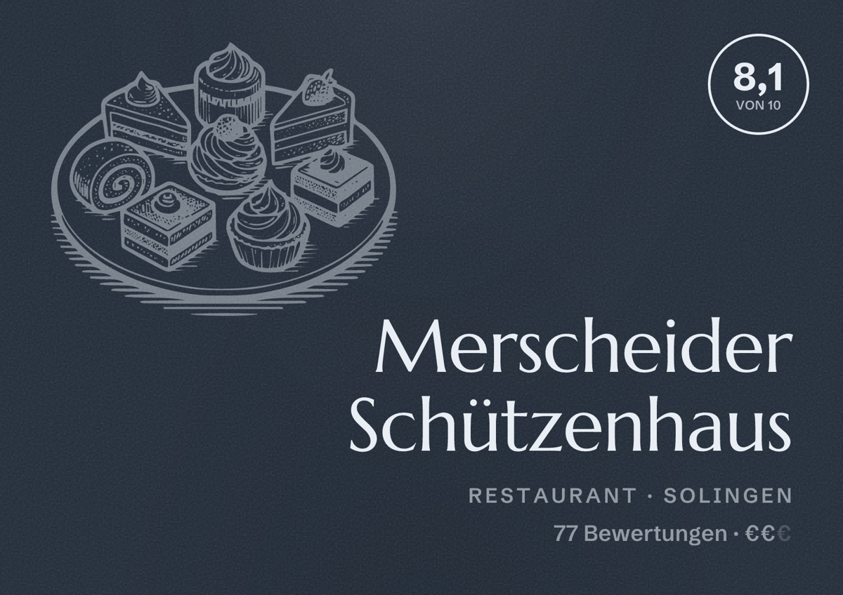 Illustriertes Poster von Merscheider Schützenhaus, Restaurant in Solingen: Bewertung 8,1 von 10 aus 77 Bewertungen, Preisniveau €€