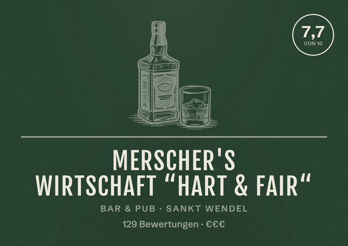 Illustriertes Poster von Merscher's Wirtschaft “HART & FAIR“, Bar & Pub in Sankt Wendel: Bewertung 7,7 von 10 aus 129 Bewertungen, Preisniveau €€€