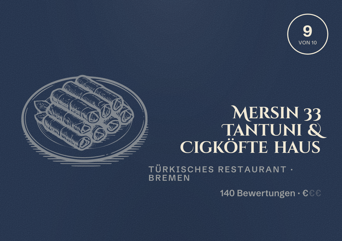 Illustriertes Poster von Mersin 33 Tantuni & Cigköfte haus, Türkisches Restaurant in Bremen: Bewertung 9 von 10 aus 140 Bewertungen, Preisniveau €