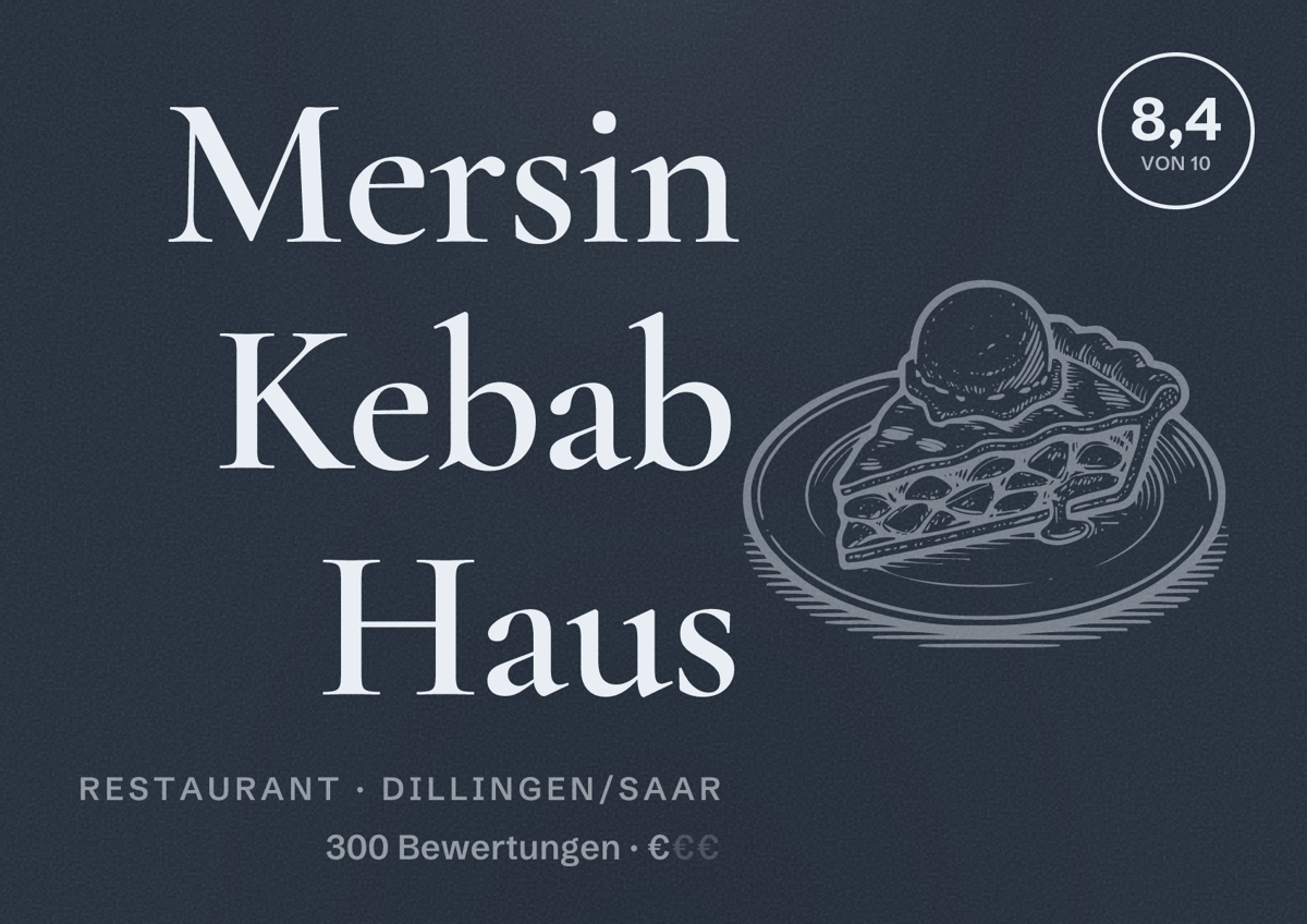 Illustriertes Poster von Mersin Kebab Haus, Restaurant in Dillingen/Saar: Bewertung 8,4 von 10 aus 300 Bewertungen, Preisniveau €