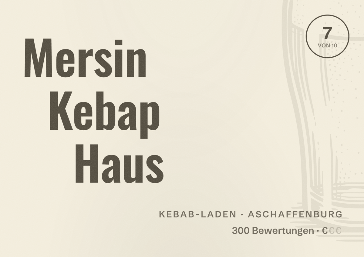 Illustriertes Poster von Mersin Kebap Haus, Kebab-Laden in Aschaffenburg: Bewertung 7 von 10 aus 300 Bewertungen, Preisniveau €