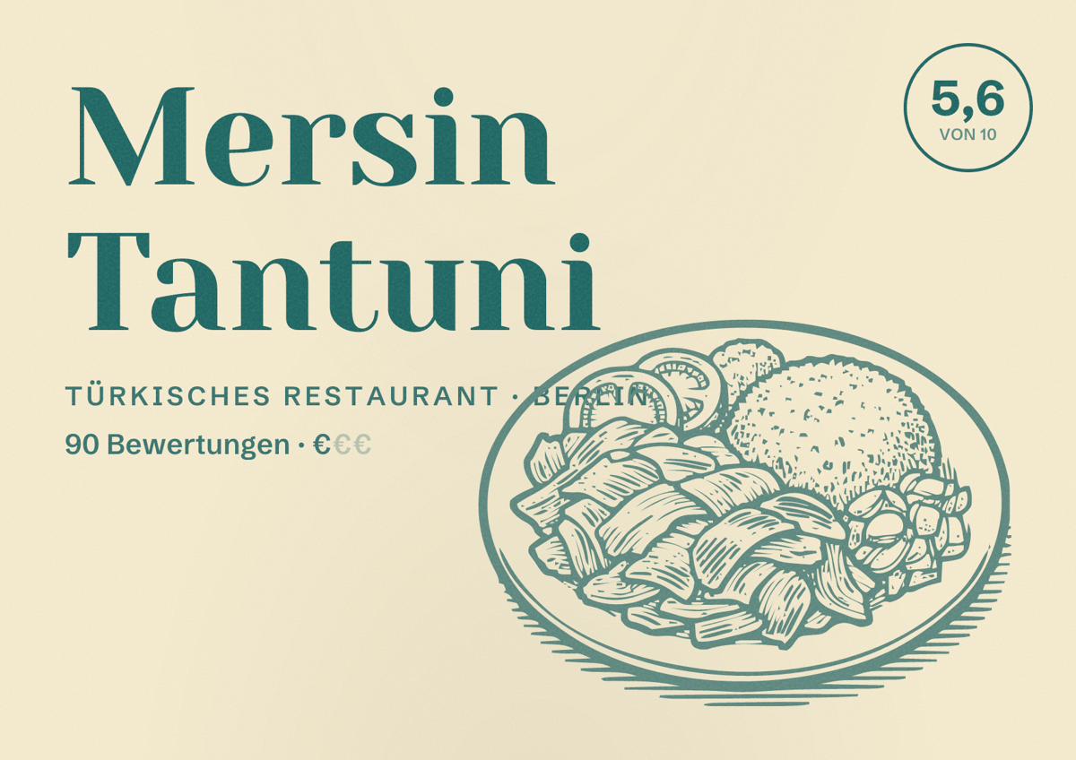 Illustriertes Poster von Mersin Tantuni, Türkisches Restaurant in Berlin: Bewertung 5,6 von 10 aus 90 Bewertungen, Preisniveau €