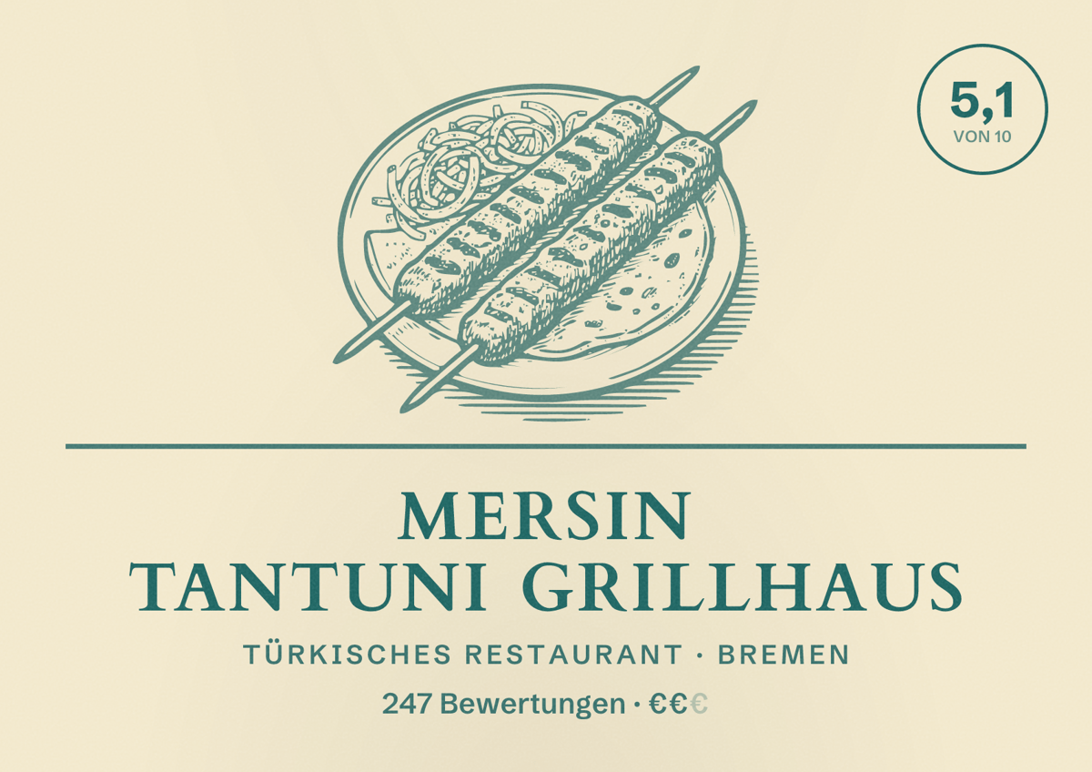 Illustriertes Poster von Mersin Tantuni Grillhaus, Türkisches Restaurant in Bremen: Bewertung 5,1 von 10 aus 247 Bewertungen, Preisniveau €€