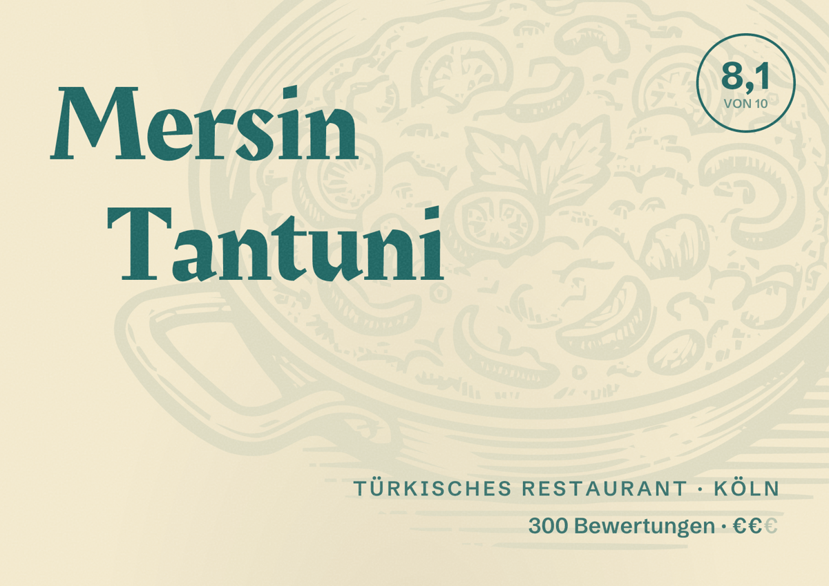 Illustriertes Poster von Mersin Tantuni, Türkisches Restaurant in Köln: Bewertung 8,1 von 10 aus 300 Bewertungen, Preisniveau €€