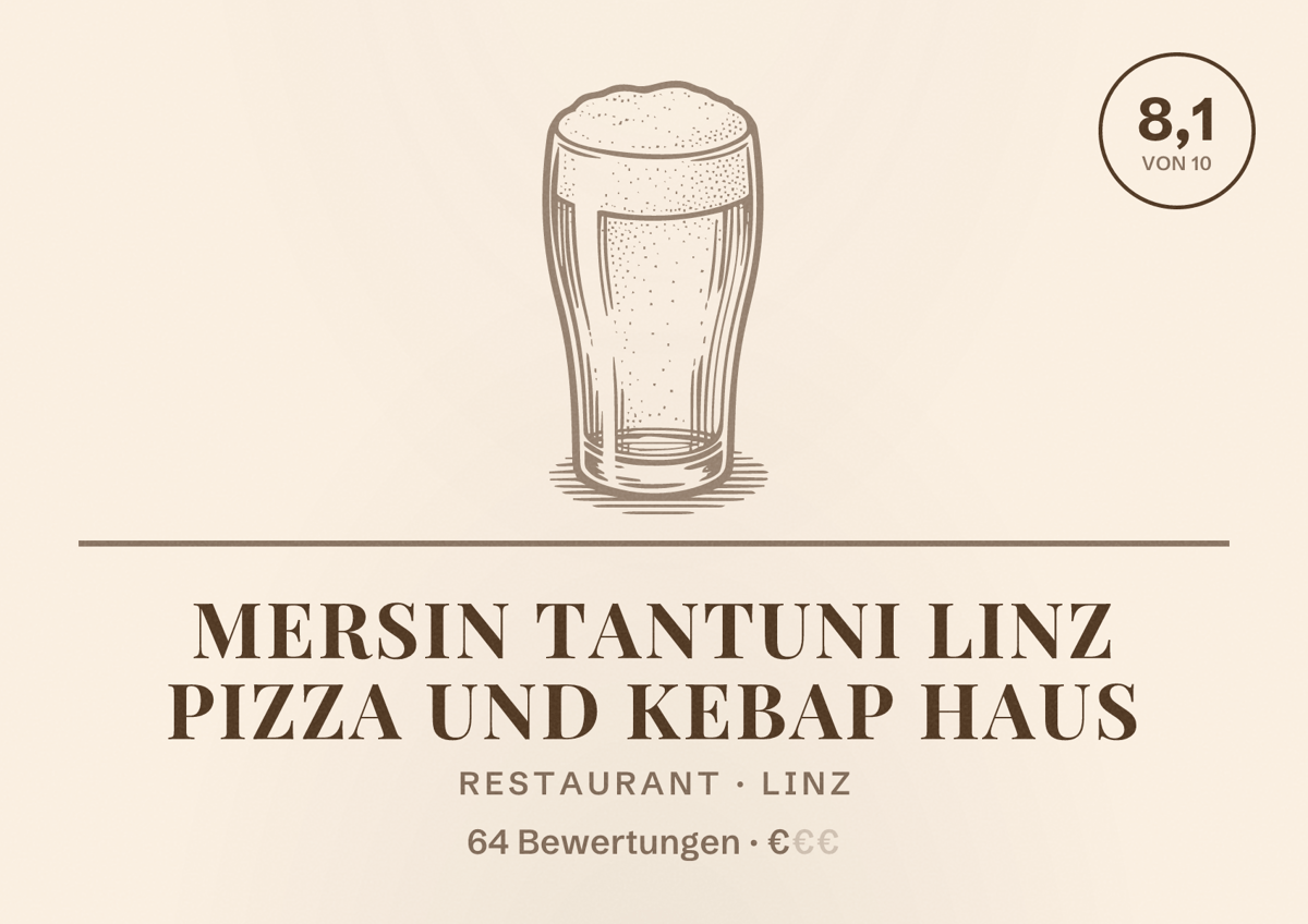Illustriertes Poster von Mersin Tantuni Linz Pizza und Kebap Haus, Restaurant in Linz: Bewertung 8,1 von 10 aus 64 Bewertungen, Preisniveau €
