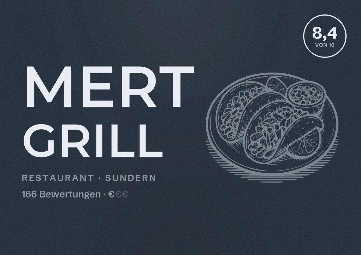 Illustriertes Poster von Mert Grill, Restaurant in Sundern: Bewertung 8,4 von 10 aus 166 Bewertungen, Preisniveau €