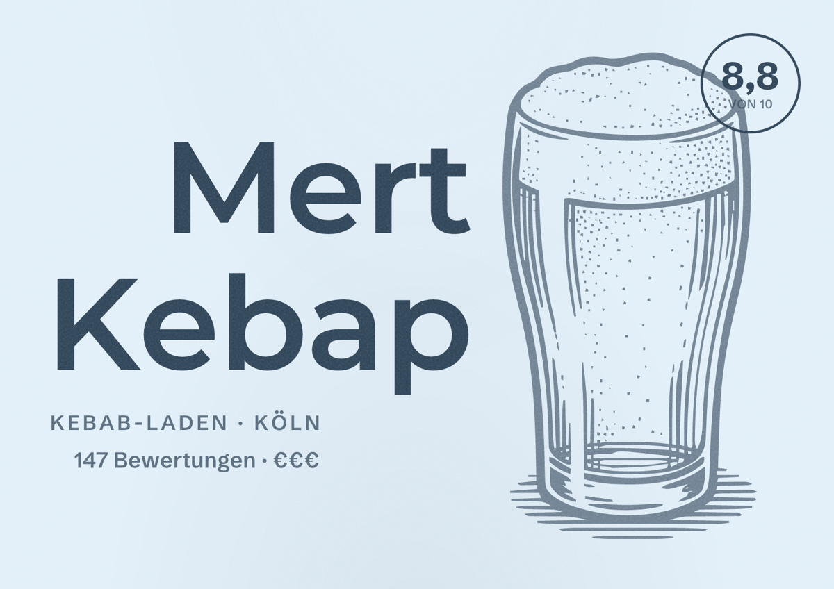 Illustriertes Poster von Mert Kebap, Kebab-Laden in Köln: Bewertung 8,8 von 10 aus 147 Bewertungen, Preisniveau €€€