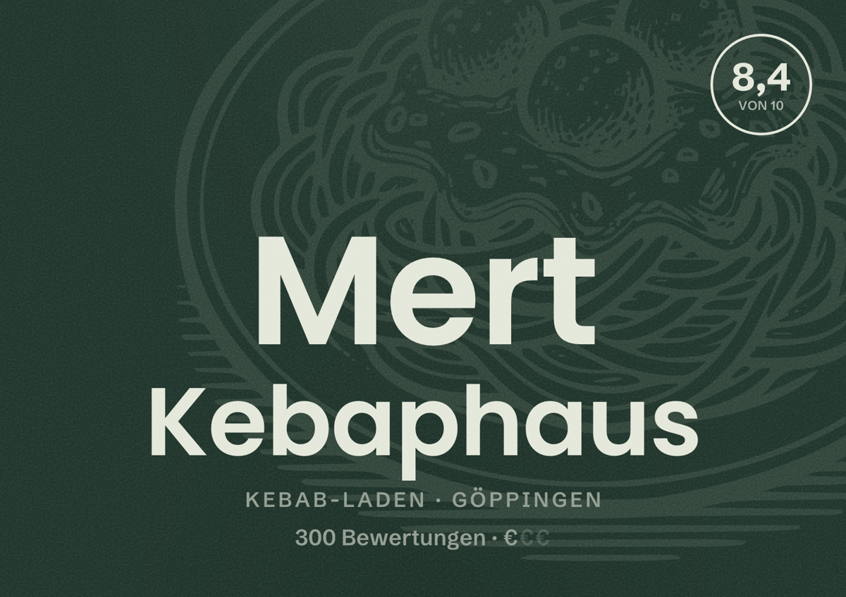 Illustriertes Poster von Mert Kebaphaus, Kebab-Laden in Göppingen: Bewertung 8,4 von 10 aus 300 Bewertungen, Preisniveau €