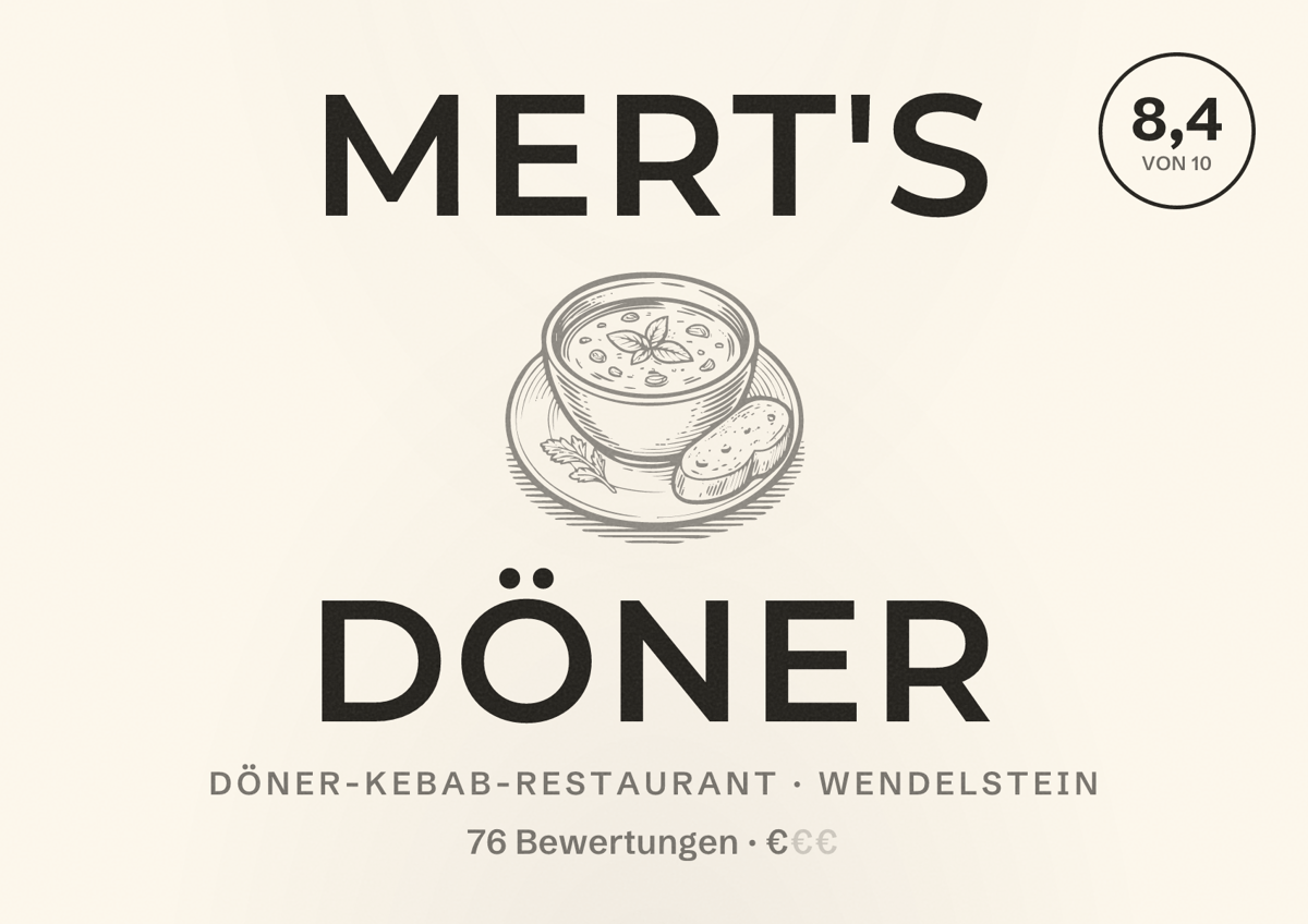 Illustriertes Poster von Mert's Döner, Döner-Kebab-Restaurant in Wendelstein: Bewertung 8,4 von 10 aus 76 Bewertungen, Preisniveau €