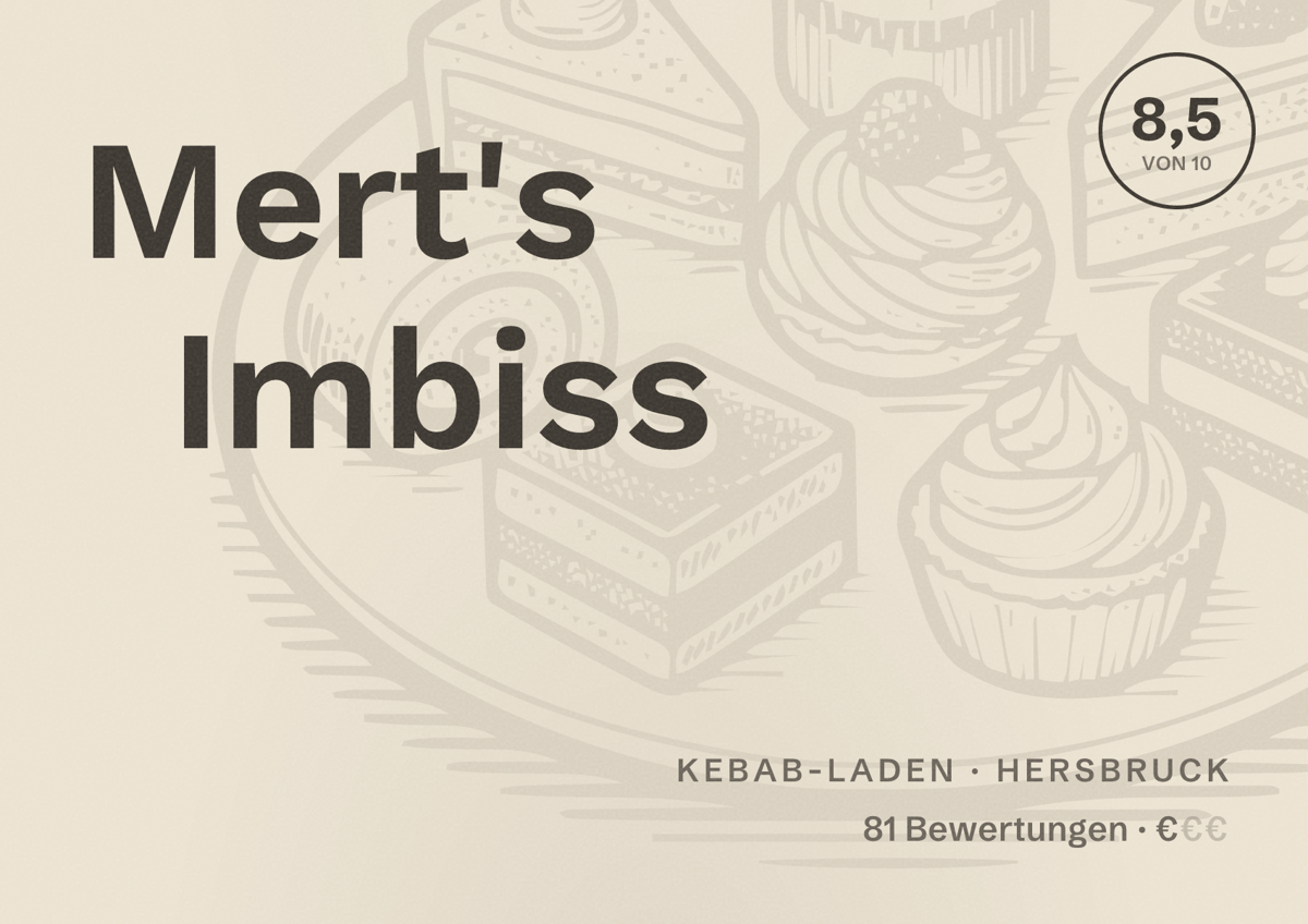 Illustriertes Poster von Mert's Imbiss, Kebab-Laden in Hersbruck: Bewertung 8,5 von 10 aus 81 Bewertungen, Preisniveau €