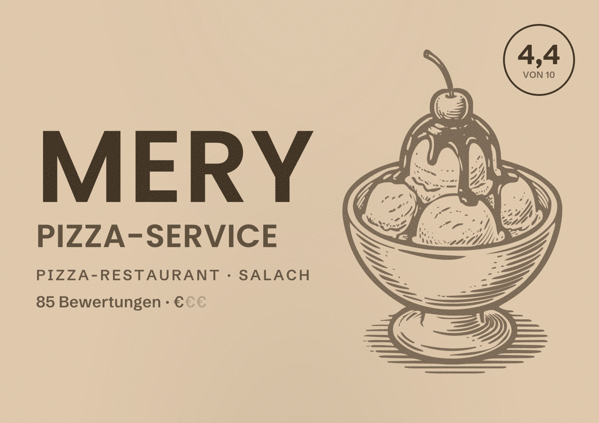 Illustriertes Poster von Mery Pizza-Service, Pizza-Restaurant in Salach: Bewertung 4,4 von 10 aus 85 Bewertungen, Preisniveau €