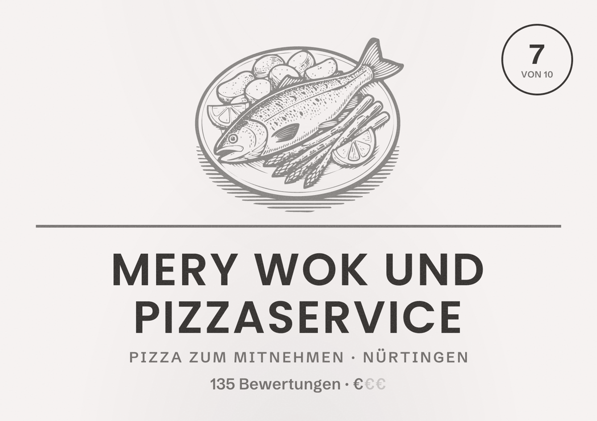 Illustriertes Poster von Mery Wok und Pizzaservice, Pizza zum Mitnehmen in Nürtingen: Bewertung 7 von 10 aus 135 Bewertungen, Preisniveau €