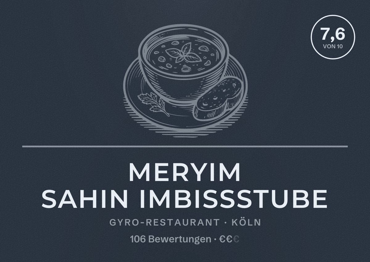 Illustriertes Poster von Meryim Sahin Imbißstube, Gyro-Restaurant in Köln: Bewertung 7,6 von 10 aus 106 Bewertungen, Preisniveau €€