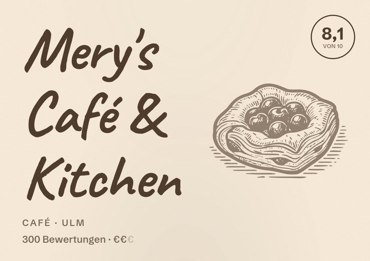 Illustriertes Poster von Mery's Café & Kitchen, Café in Ulm: Bewertung 8,1 von 10 aus 300 Bewertungen, Preisniveau €€