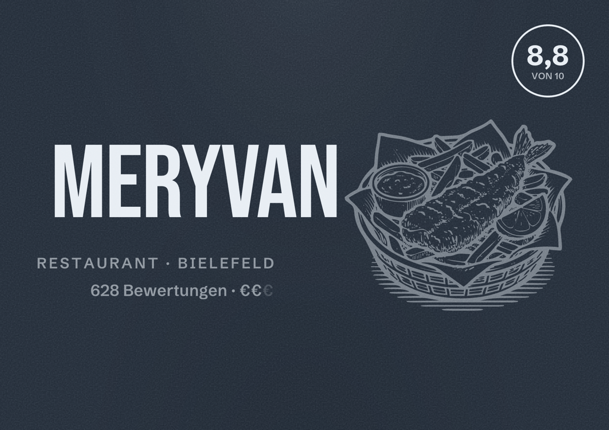 Illustriertes Poster von meryVAN, Restaurant in Bielefeld: Bewertung 8,8 von 10 aus 628 Bewertungen, Preisniveau €€