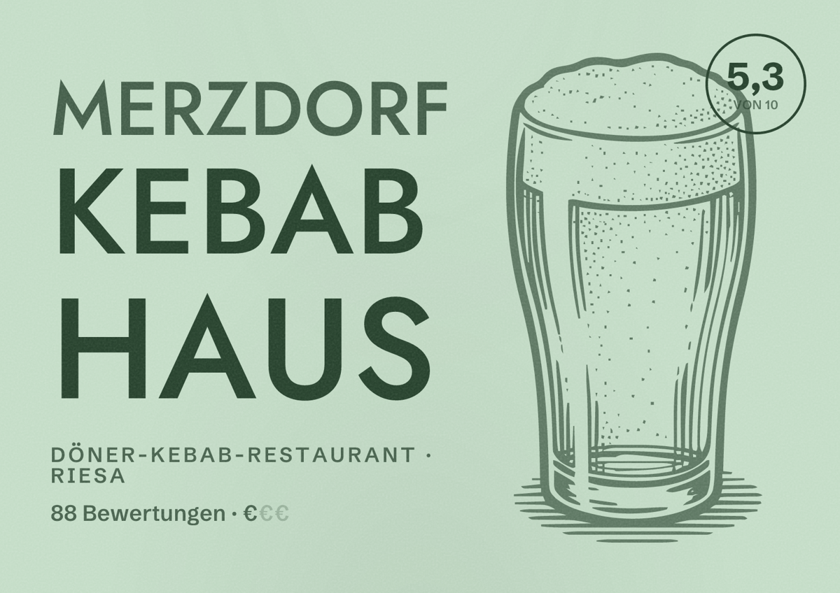 Illustriertes Poster von Merzdorf Kebab Haus, Döner-Kebab-Restaurant in Riesa: Bewertung 5,3 von 10 aus 88 Bewertungen, Preisniveau €