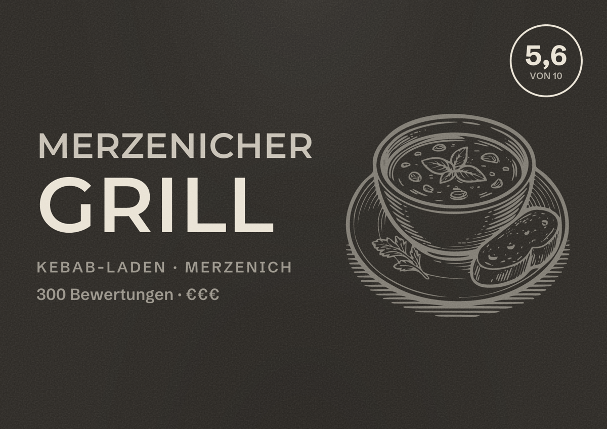 Illustriertes Poster von Merzenicher Grill, Kebab-Laden in Merzenich: Bewertung 5,6 von 10 aus 300 Bewertungen, Preisniveau €€€
