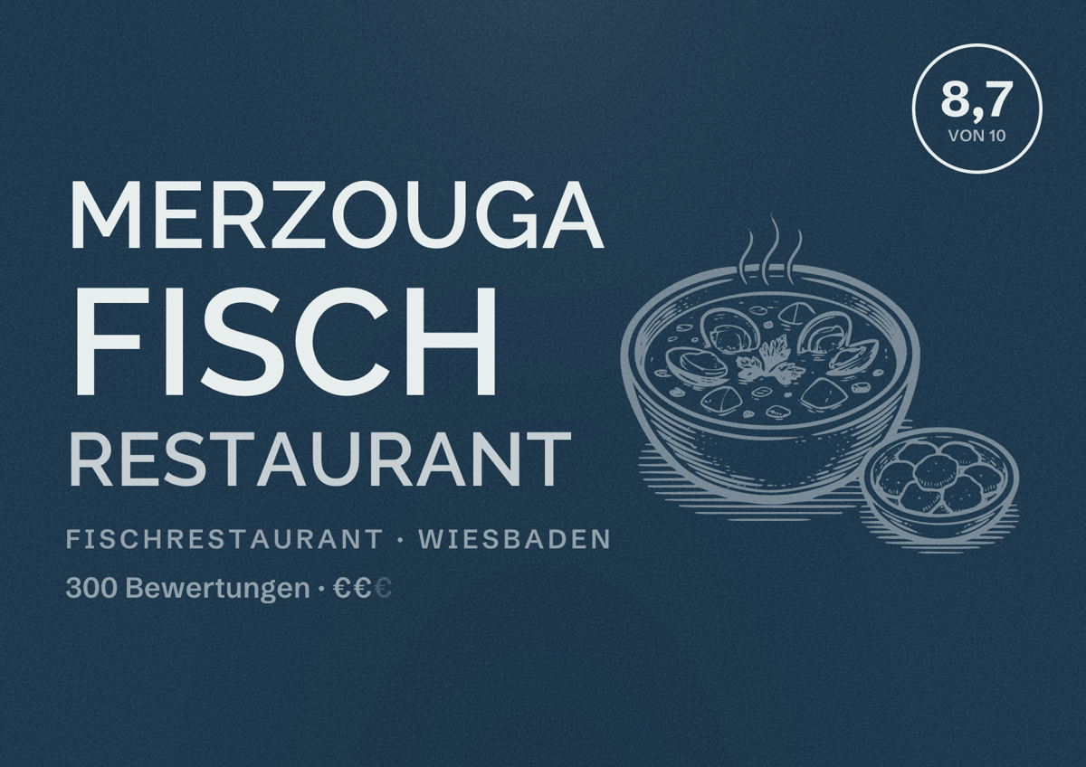 Illustriertes Poster von Merzouga Fisch Restaurant, Fischrestaurant in Wiesbaden: Bewertung 8,7 von 10 aus 300 Bewertungen, Preisniveau €€
