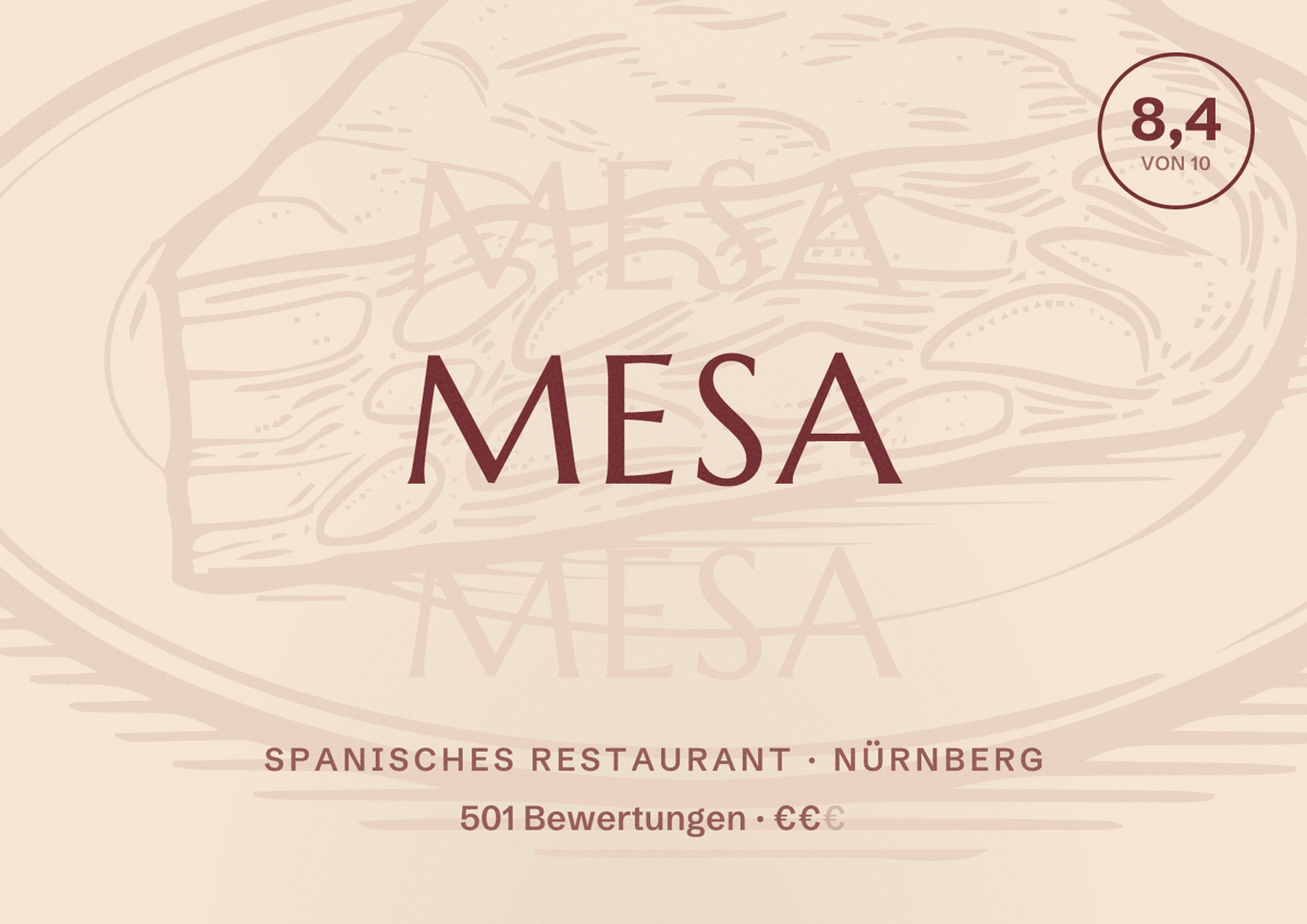 Illustriertes Poster von MESA, Spanisches Restaurant in Nürnberg: Bewertung 8,4 von 10 aus 501 Bewertungen, Preisniveau €€