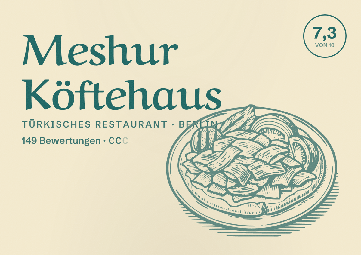 Illustriertes Poster von Meshur Köftehaus, Türkisches Restaurant in Berlin: Bewertung 7,3 von 10 aus 149 Bewertungen, Preisniveau €€