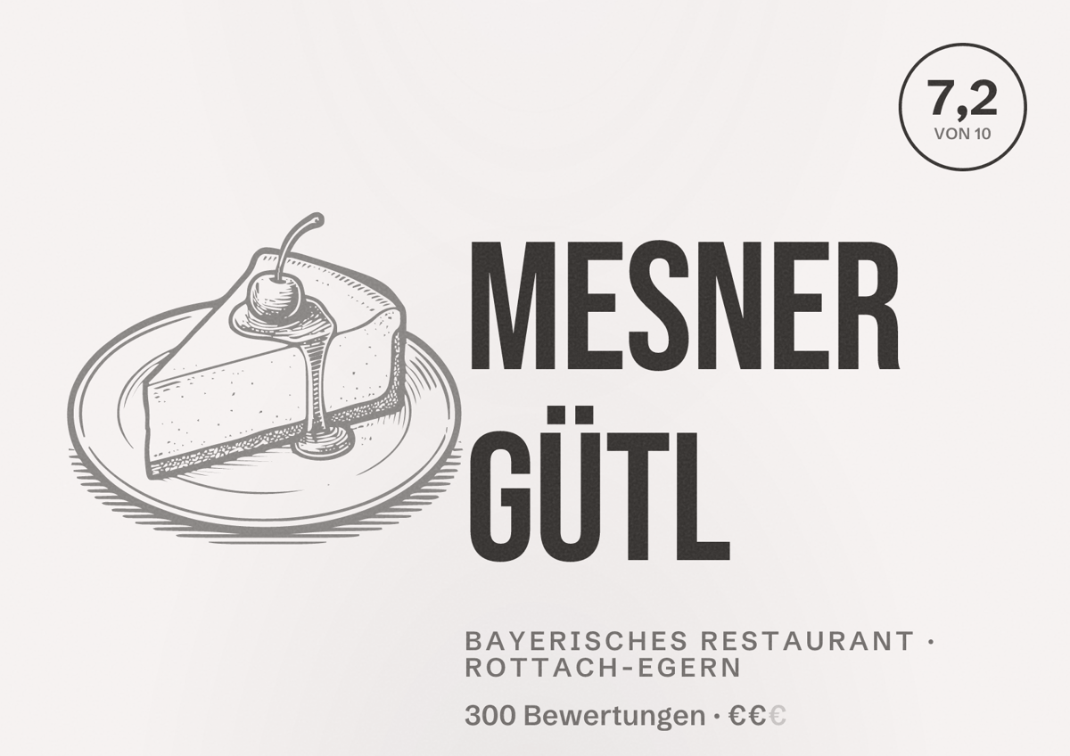 Illustriertes Poster von Mesner Gütl, Bayerisches Restaurant in Rottach-Egern: Bewertung 7,2 von 10 aus 300 Bewertungen, Preisniveau €€