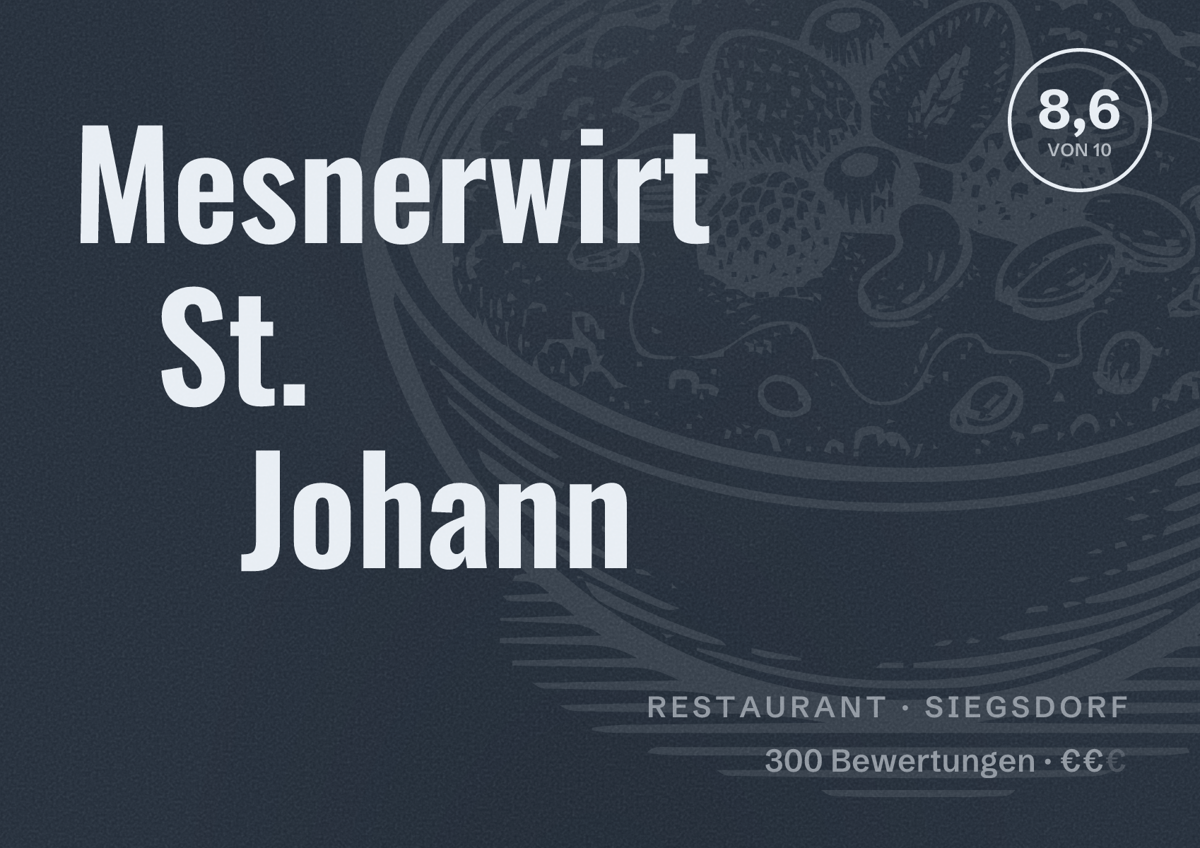 Illustriertes Poster von Mesnerwirt St. Johann, Restaurant in Siegsdorf: Bewertung 8,6 von 10 aus 300 Bewertungen, Preisniveau €€