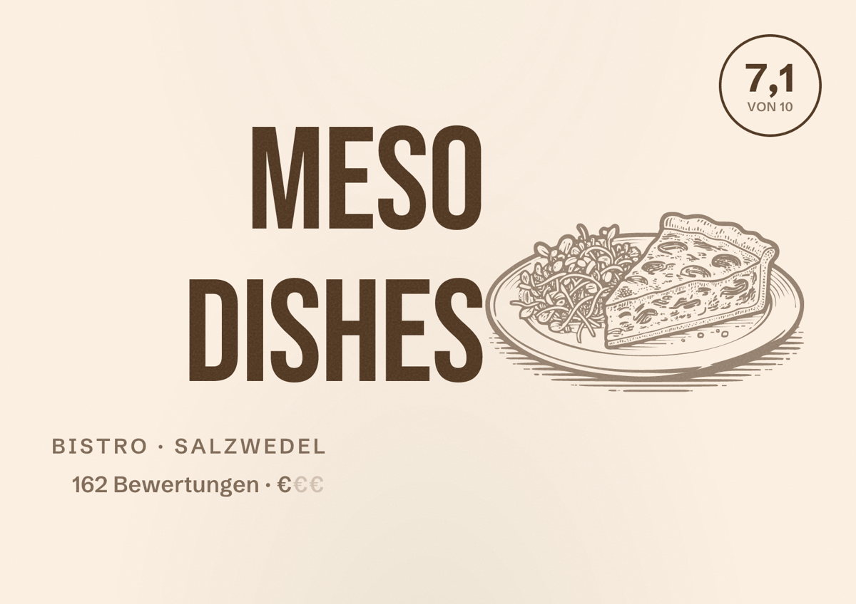 Illustriertes Poster von Meso Dishes, Bistro in Salzwedel: Bewertung 7,1 von 10 aus 162 Bewertungen, Preisniveau €