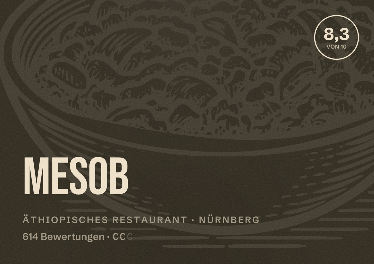 Illustriertes Poster von Mesob, Äthiopisches Restaurant in Nürnberg: Bewertung 8,3 von 10 aus 614 Bewertungen, Preisniveau €€