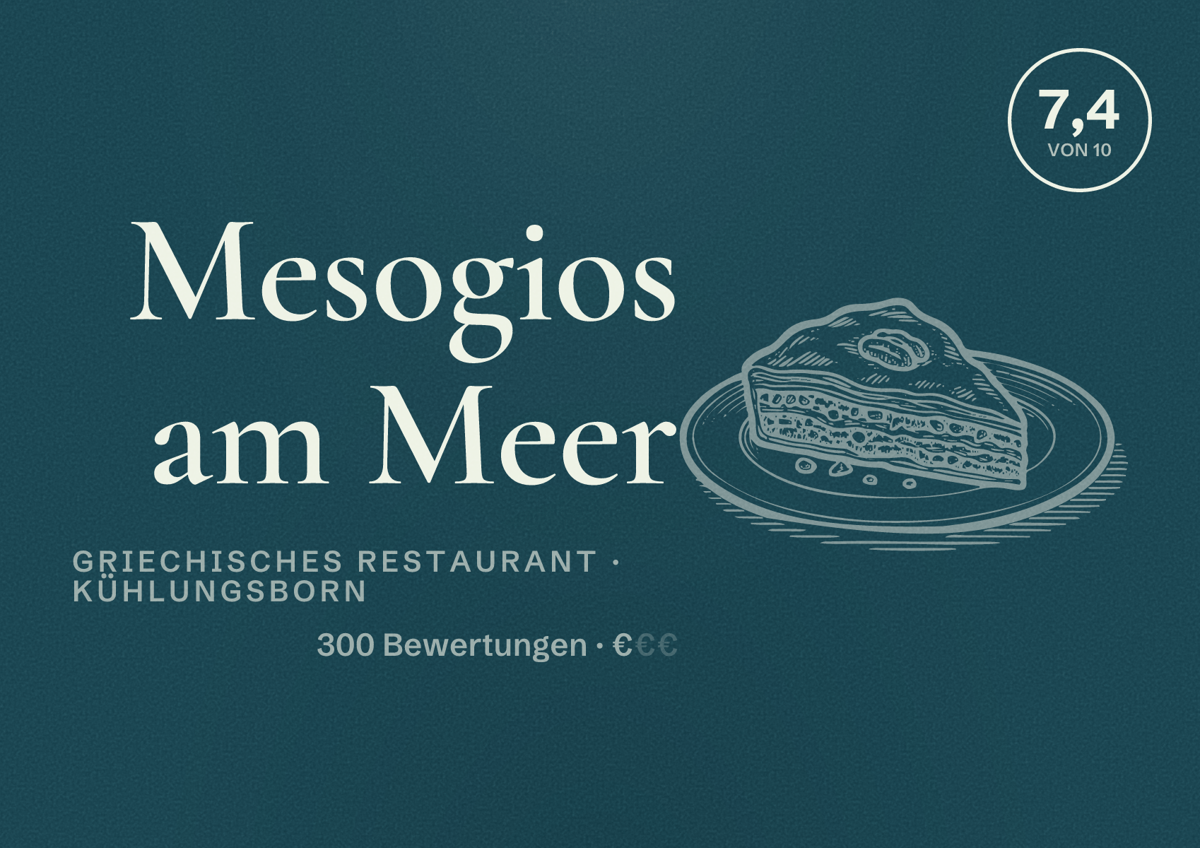 Illustriertes Poster von Mesogios am Meer, Griechisches Restaurant in Kühlungsborn: Bewertung 7,4 von 10 aus 300 Bewertungen, Preisniveau €