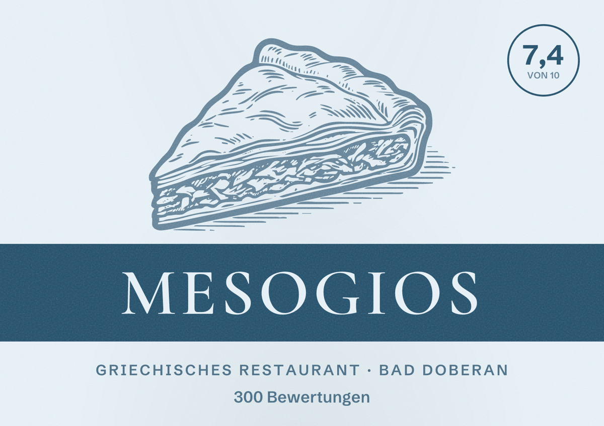 Illustriertes Poster von Mesogios, Griechisches Restaurant in Bad Doberan: Bewertung 7,4 von 10 aus 300 Bewertungen