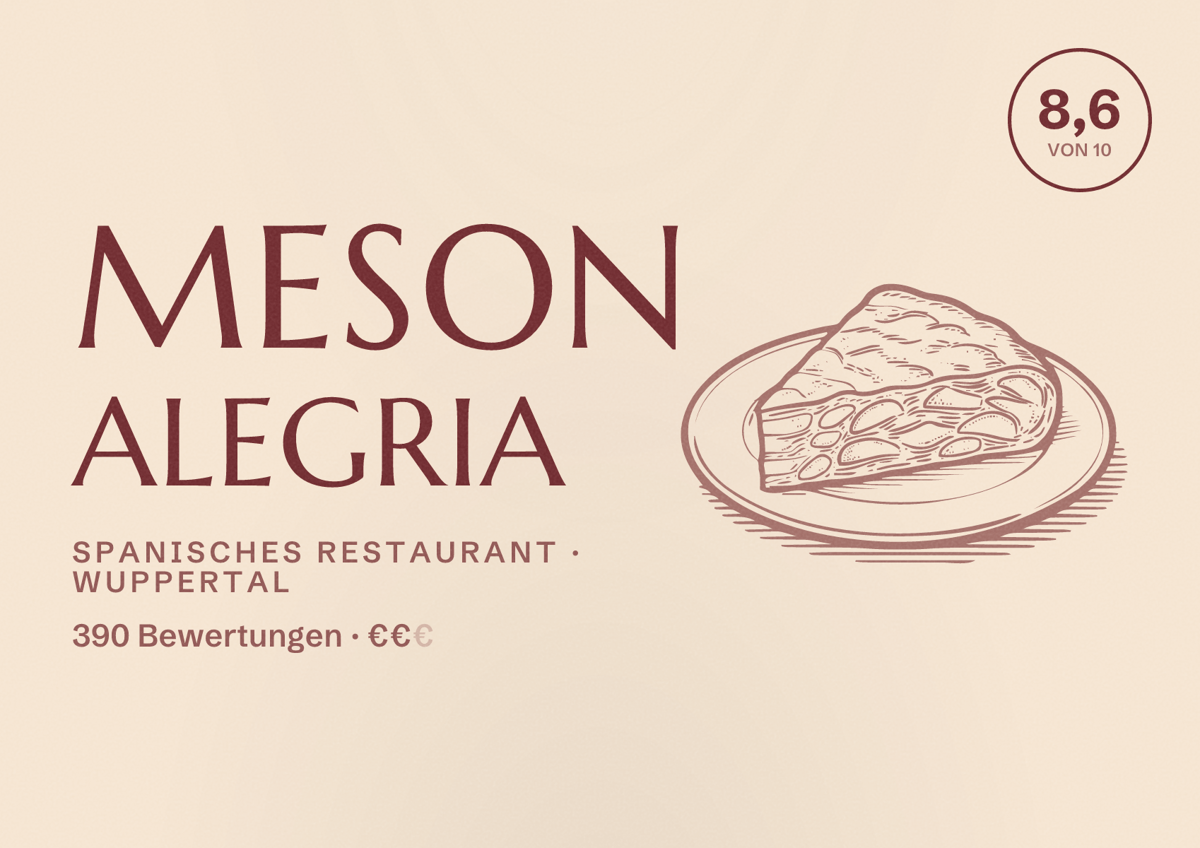 Illustriertes Poster von Meson Alegria, Spanisches Restaurant in Wuppertal: Bewertung 8,6 von 10 aus 390 Bewertungen, Preisniveau €€