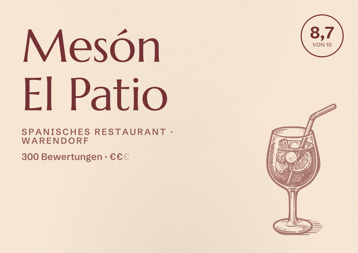 Illustriertes Poster von Mesón El Patio, Spanisches Restaurant in Warendorf: Bewertung 8,7 von 10 aus 300 Bewertungen, Preisniveau €€