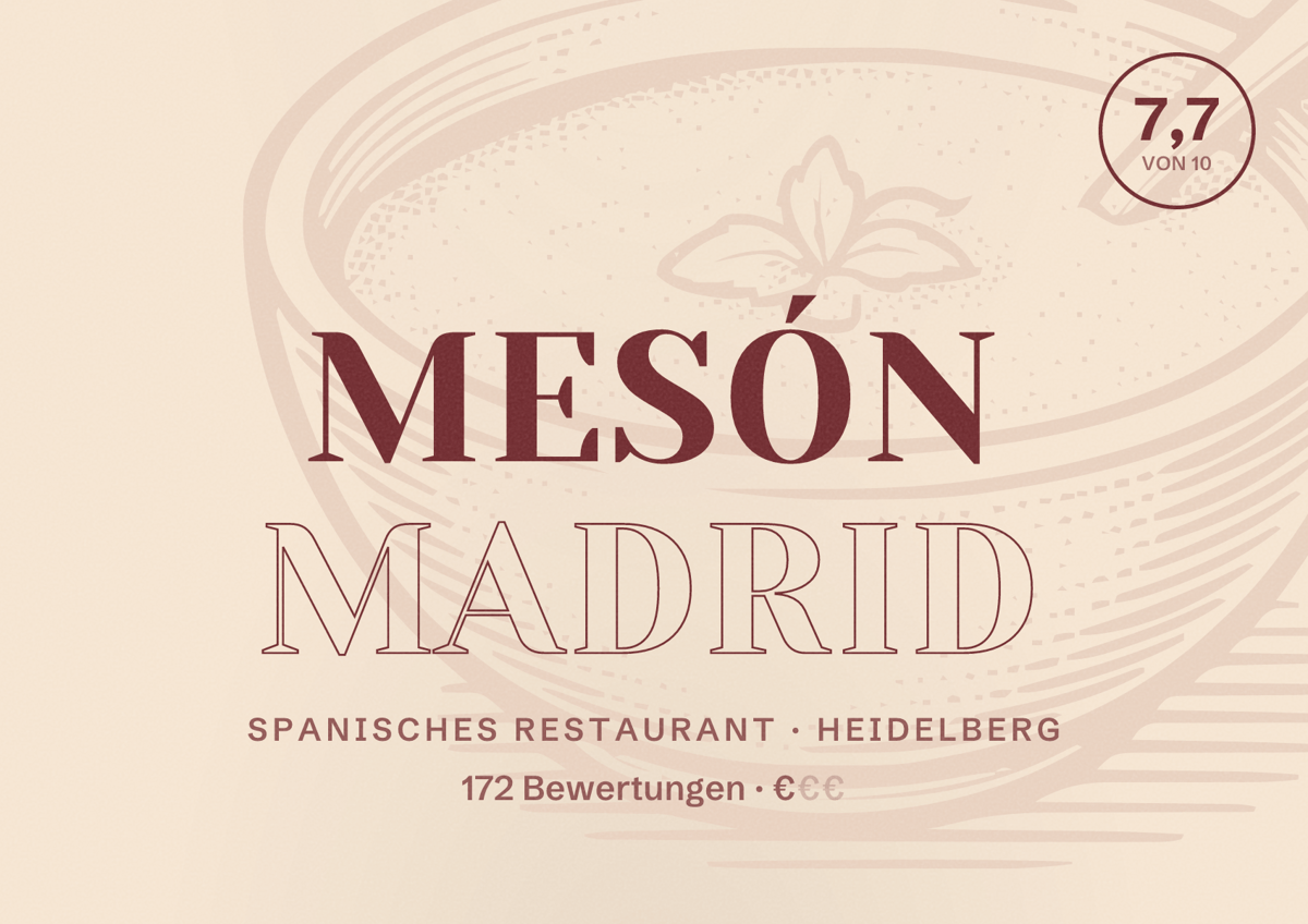 Illustriertes Poster von Mesón Madrid, Spanisches Restaurant in Heidelberg: Bewertung 7,7 von 10 aus 172 Bewertungen, Preisniveau €