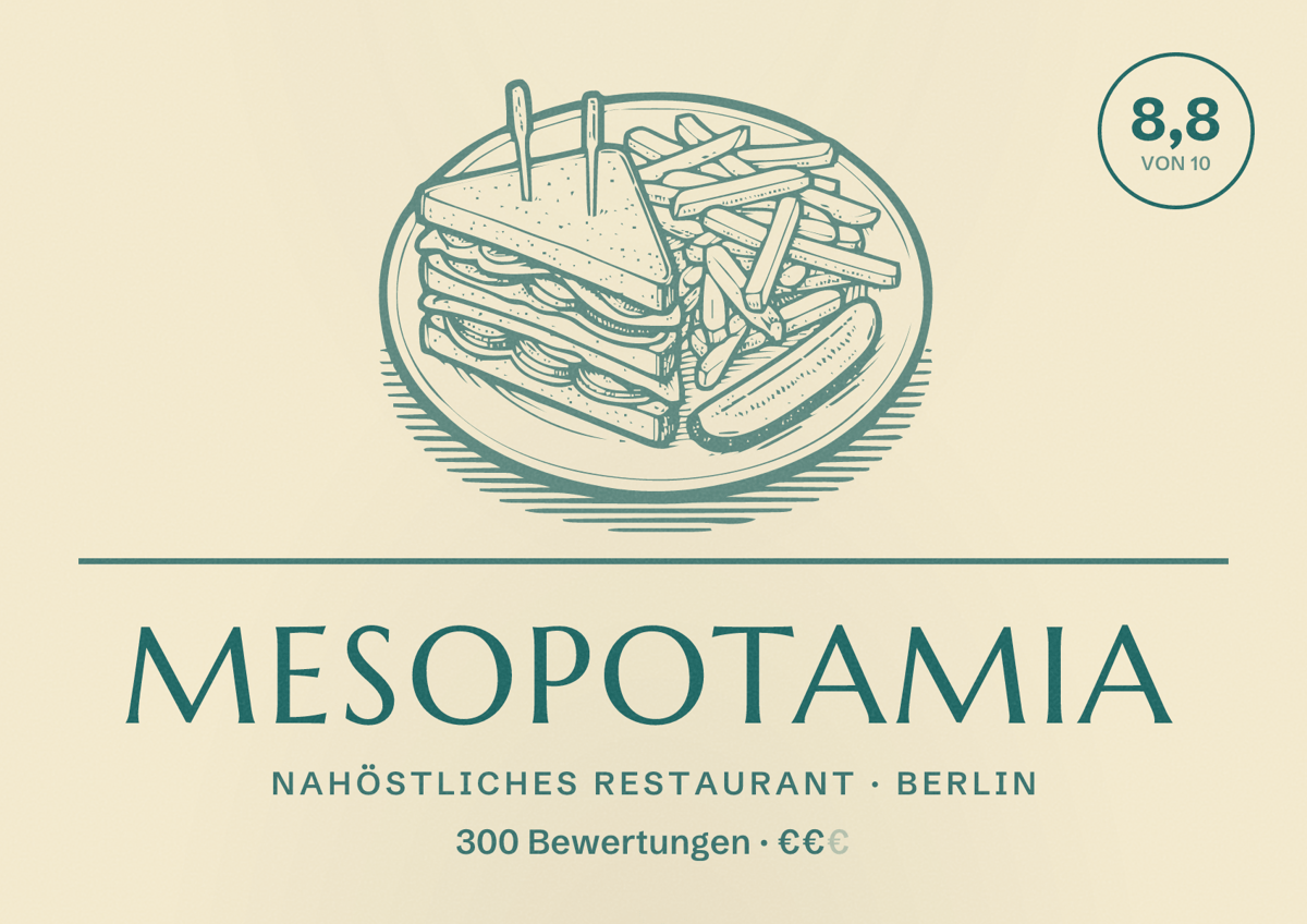 Illustriertes Poster von Mesopotamia, Nahöstliches Restaurant in Berlin: Bewertung 8,8 von 10 aus 300 Bewertungen, Preisniveau €€
