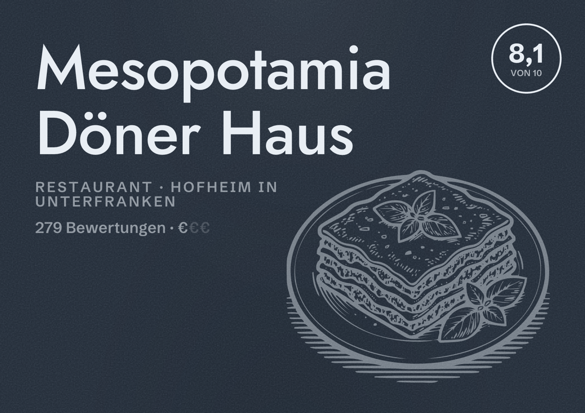 Illustriertes Poster von Mesopotamia Döner Haus, Restaurant in Hofheim in Unterfranken: Bewertung 8,1 von 10 aus 279 Bewertungen, Preisniveau €