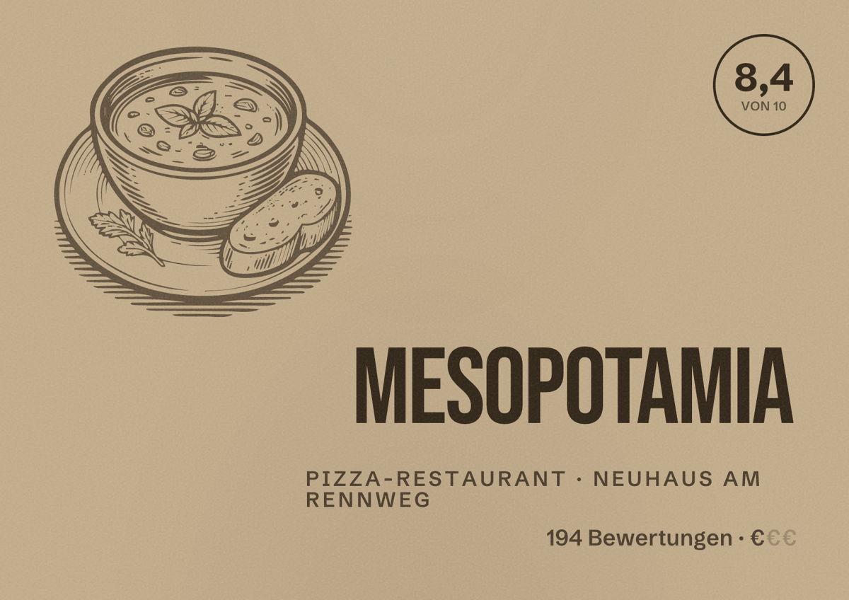 Illustriertes Poster von Mesopotamia, Pizza-Restaurant in Neuhaus am Rennweg: Bewertung 8,4 von 10 aus 194 Bewertungen, Preisniveau €