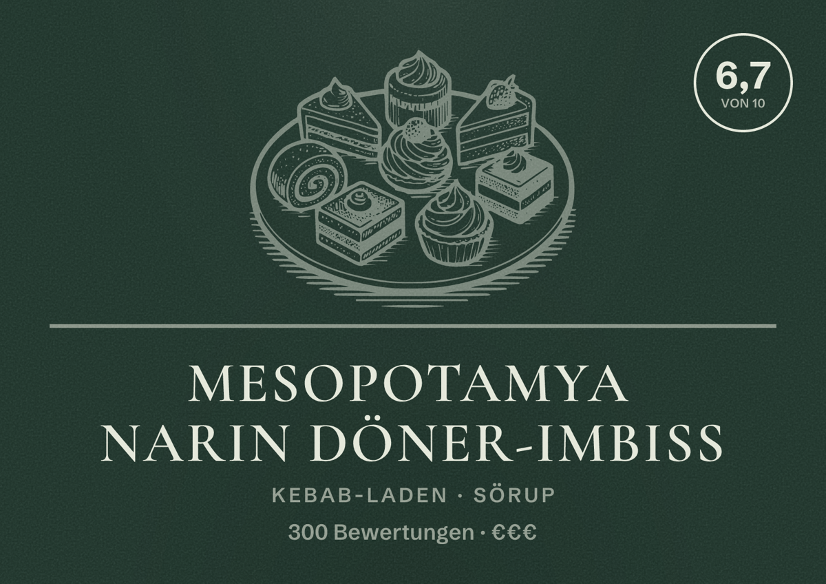 Illustriertes Poster von Mesopotamya Narin Döner-Imbiss, Kebab-Laden in Sörup: Bewertung 6,7 von 10 aus 300 Bewertungen, Preisniveau €€€