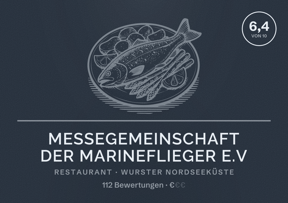 Illustriertes Poster von Messegemeinschaft der Marineflieger e.V, Restaurant in Wurster Nordseeküste: Bewertung 6,4 von 10 aus 112 Bewertungen, Preisniveau €