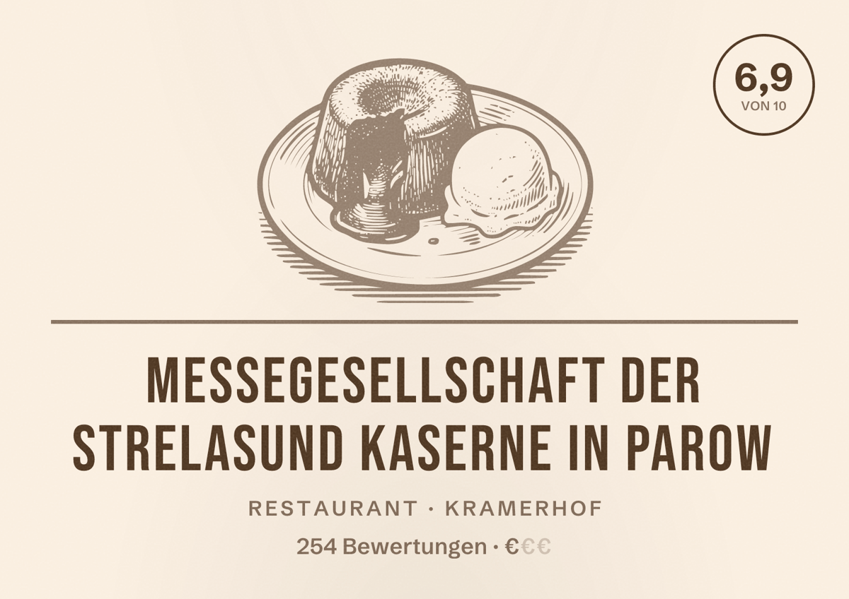 Illustriertes Poster von Messegesellschaft der Strelasund Kaserne in Parow, Restaurant in Kramerhof: Bewertung 6,9 von 10 aus 254 Bewertungen, Preisniveau €