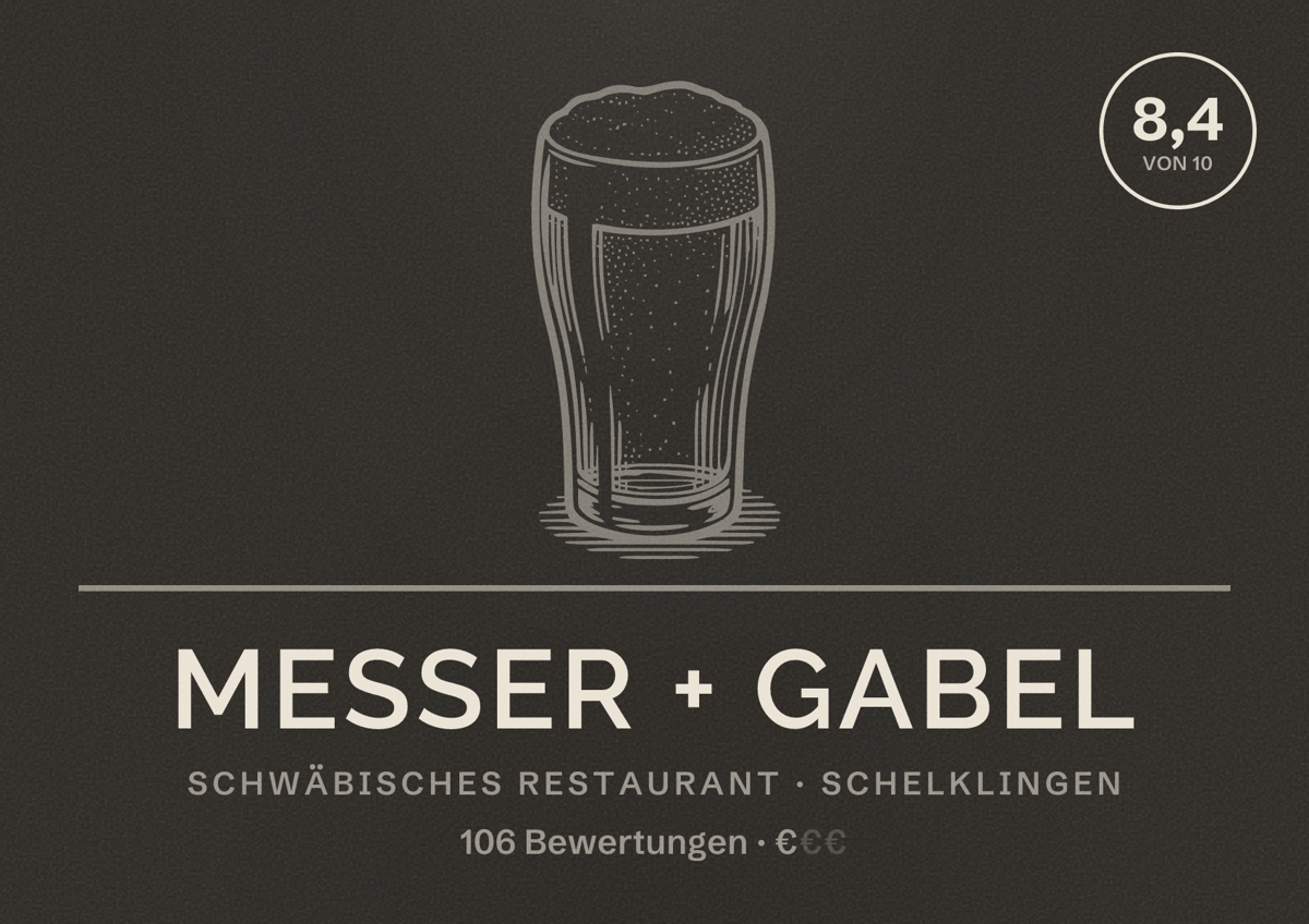 Illustriertes Poster von Messer + Gabel, Schwäbisches Restaurant in Schelklingen: Bewertung 8,4 von 10 aus 106 Bewertungen, Preisniveau €