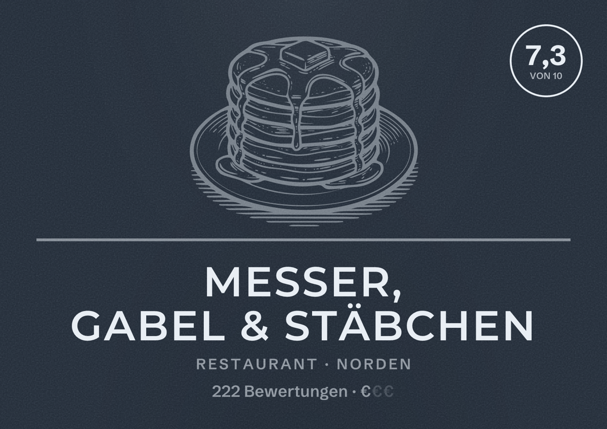 Illustriertes Poster von Messer, Gabel & Stäbchen, Restaurant in Norden: Bewertung 7,3 von 10 aus 222 Bewertungen, Preisniveau €