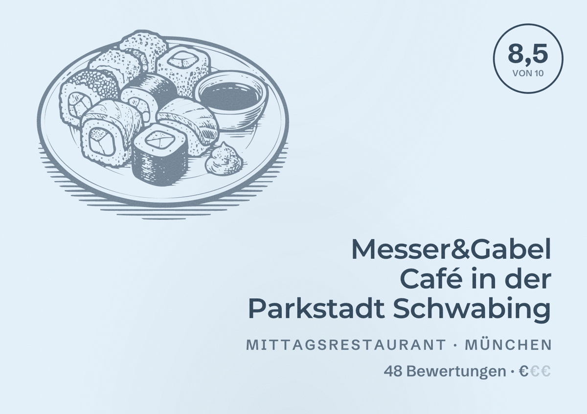 Illustriertes Poster von Messer&Gabel Café in der Parkstadt Schwabing, Mittagsrestaurant in München: Bewertung 8,5 von 10 aus 48 Bewertungen, Preisniveau €
